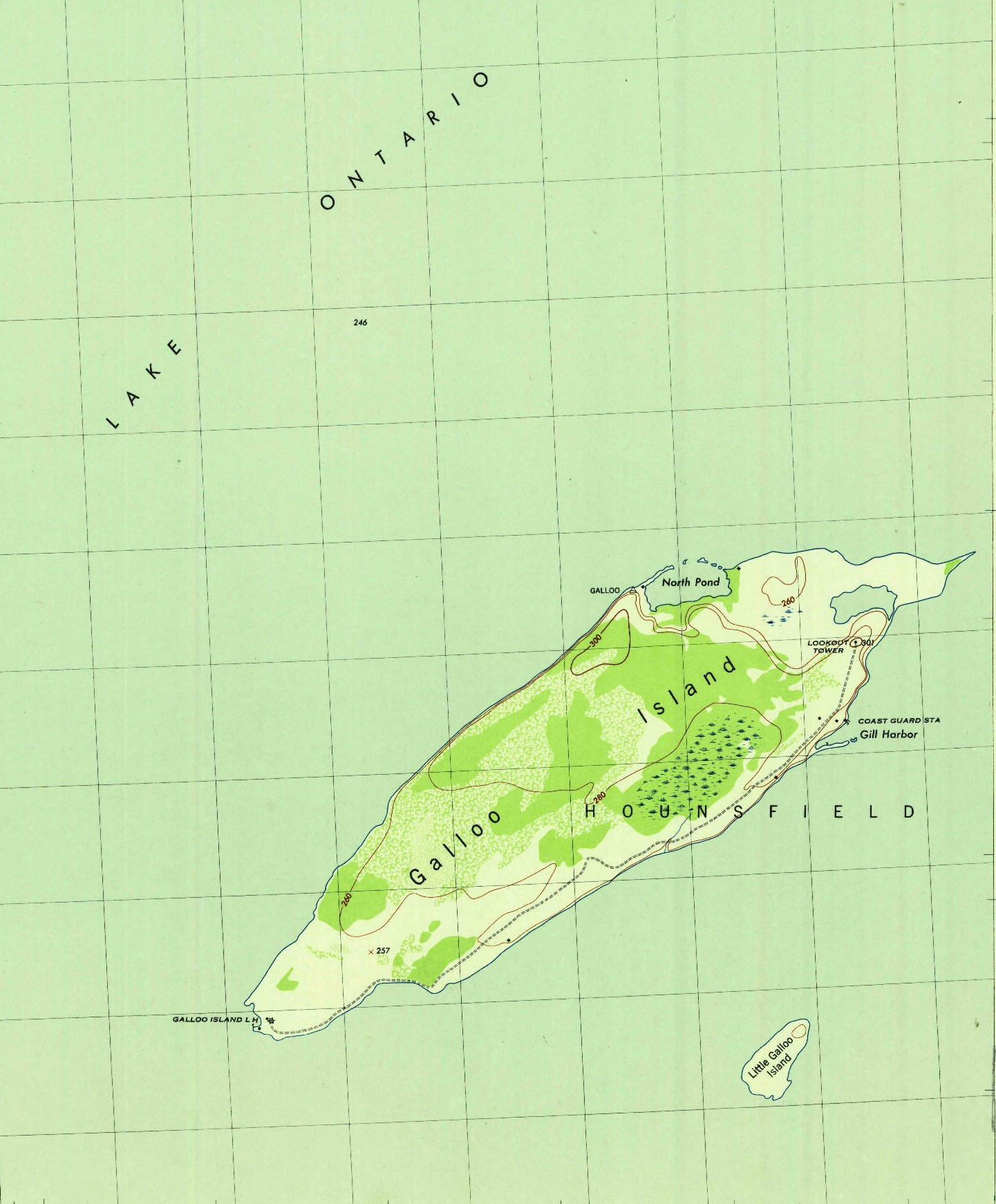 An official U.S. Geodetic Survey showing Galloo Island, including the Coast Guard Station at Gill Harbor and the lighthouse on the opposite side of the island. (U.S. Geodetic Survey) An official U.S. Geodetic Survey showing Galloo Island, including the Coast Guard Station at Gill Harbor and the lighthouse on the opposite side of the island. (U.S. Geodetic Survey)